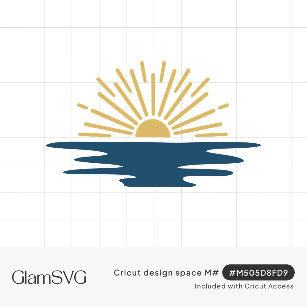 Golden half sun with long hand-drawn rays setting over wavy navy blue water