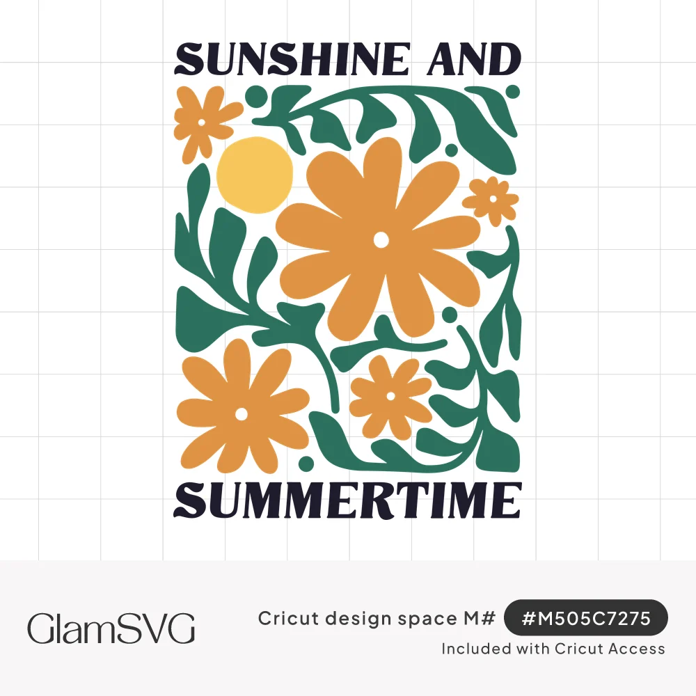 Sunshine and Summertime lettering above and below a square of orange flowers, yellow sun and green leaves