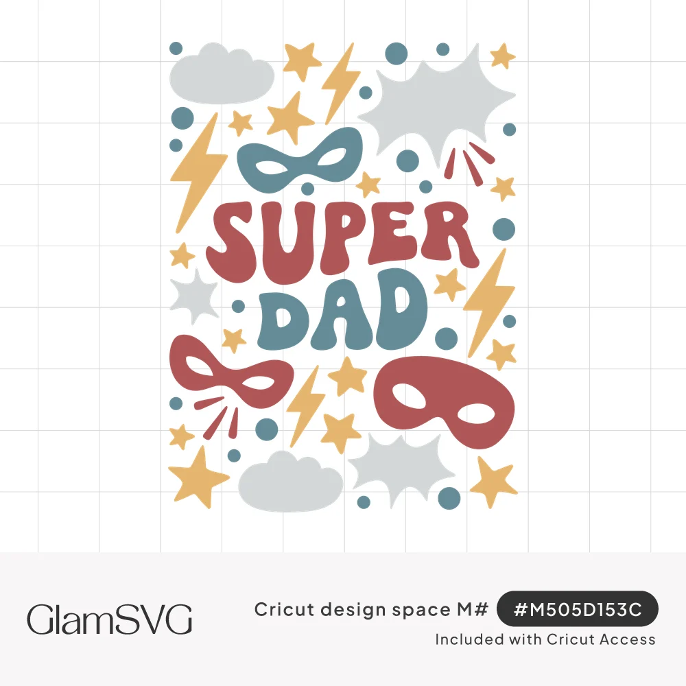 Retro bubble letters reading Super Dad in red and teal with superhero masks, lightning bolts, stars and clouds