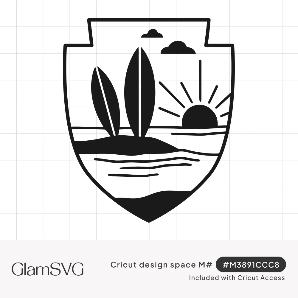 Black shield badge with two surfboards in the sand, rising sun with rays, small clouds and ocean waves