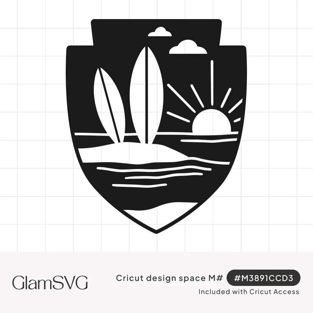Black shield badge with two surfboards in sand, a sun setting over the ocean, waves and small clouds