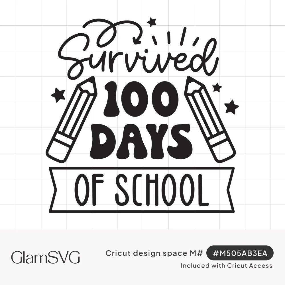 Black and white Survived 100 Days of School lettering with two pencils, stars and an Of School banner