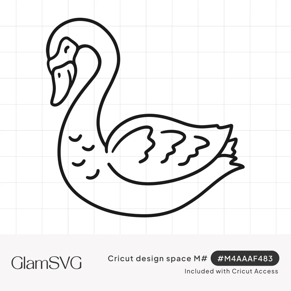 Black outline drawing of a swan with a curved neck, folded wing and wavy feather lines on a white background
