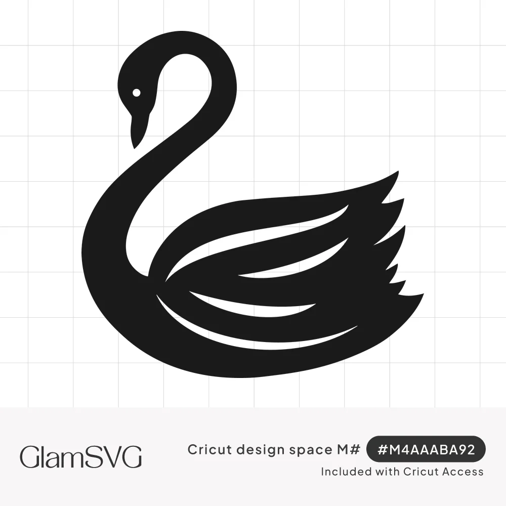 Black silhouette of a swan with a curved neck, bowed head and sweeping feathered wings on a white background