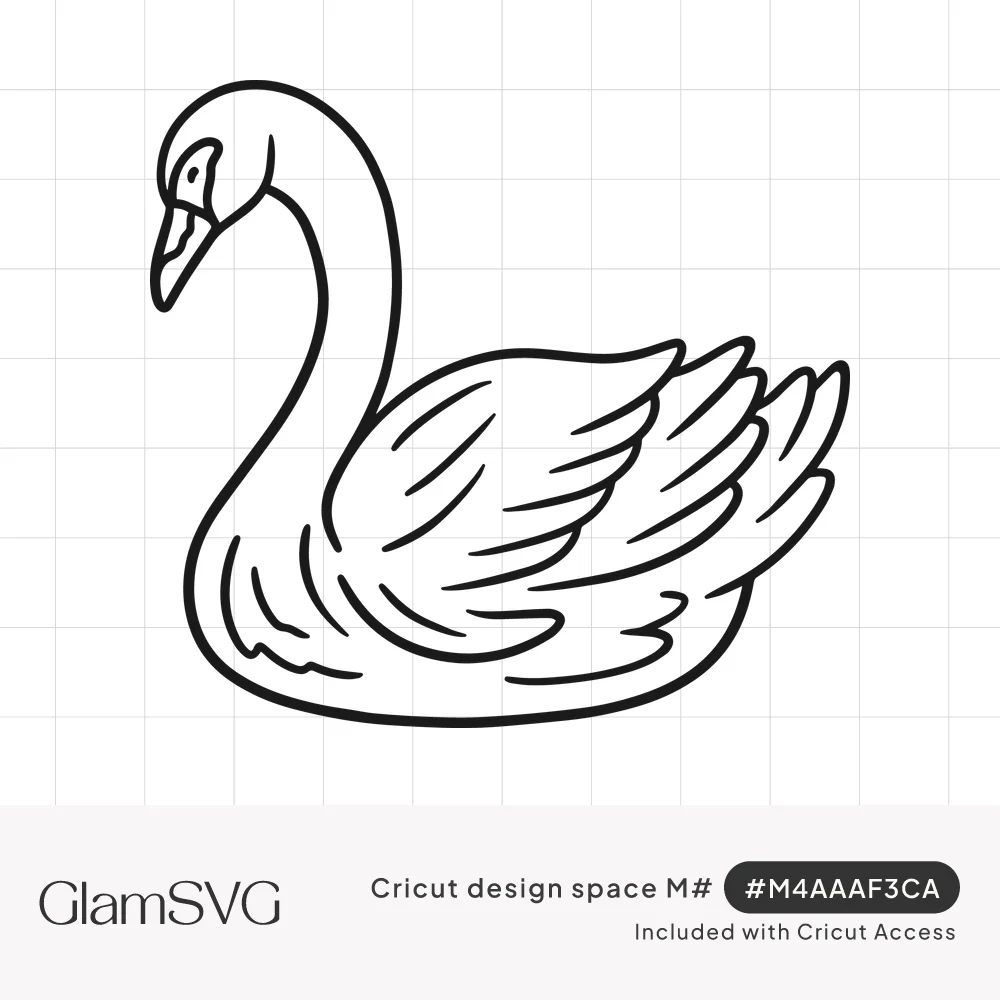 Black outline drawing of a swan floating on water with a curved neck and layered wing feathers