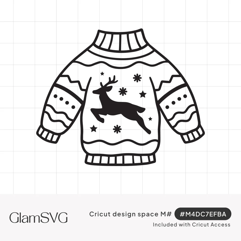 Black line drawing of a Christmas sweater with a leaping reindeer silhouette, stars, snowflakes and wavy striped sleeves