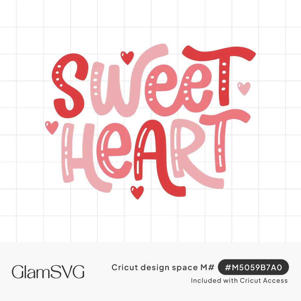 Hand-lettered words sweet heart in red and pink with dot accents and small hearts scattered around