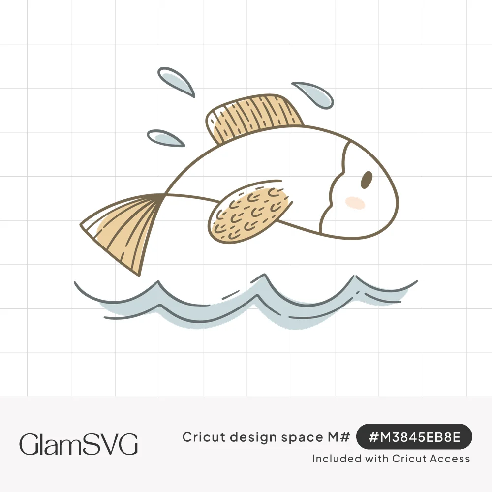 Cute hand-drawn fish with tan fins and a rosy cheek leaping out of soft blue waves with water droplets splashing