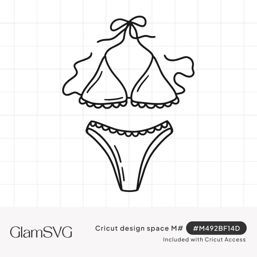 Black line drawing of a halter bikini with tied neck strings and scalloped ruffle trim on top and bottom