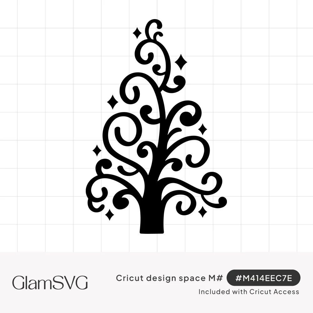 Black silhouette of a Christmas tree made of curling swirl branches with small sparkle stars around it