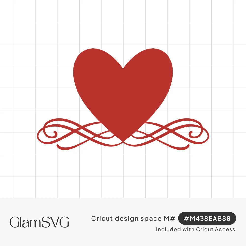 Solid red heart resting on symmetrical swirling flourish scrollwork on a white background