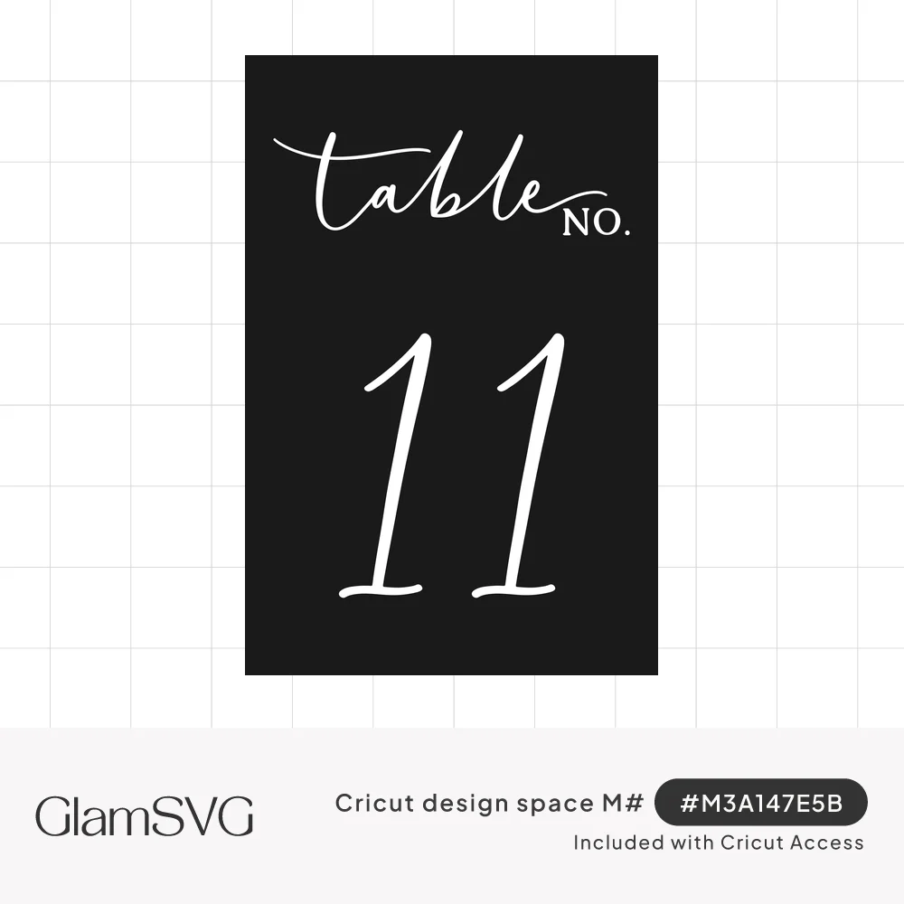 White script lettering reading table no. 11 with a tall thin numeral on a black rectangular card