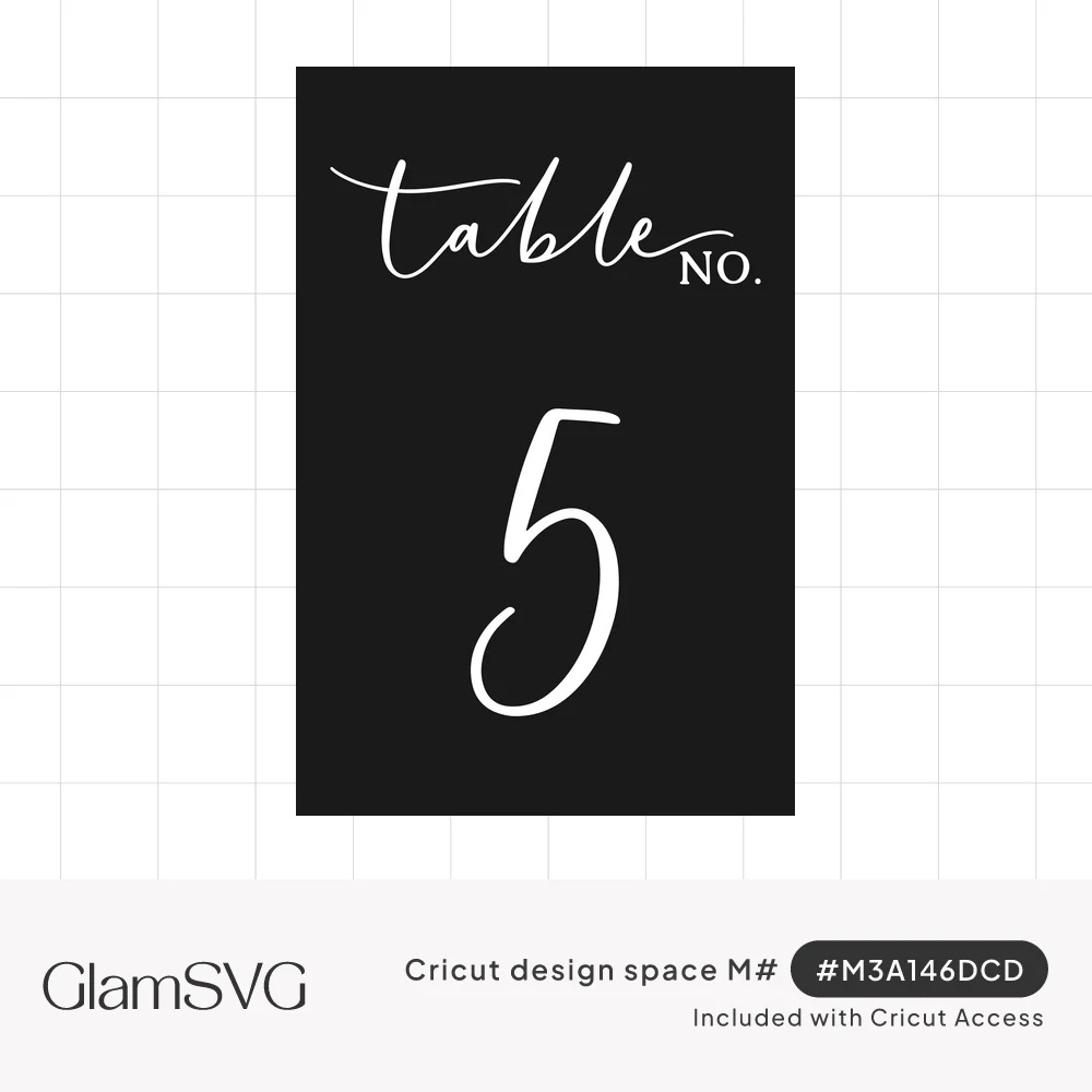 White script "table no." lettering above a large hand-lettered number 5 on a black rectangular card