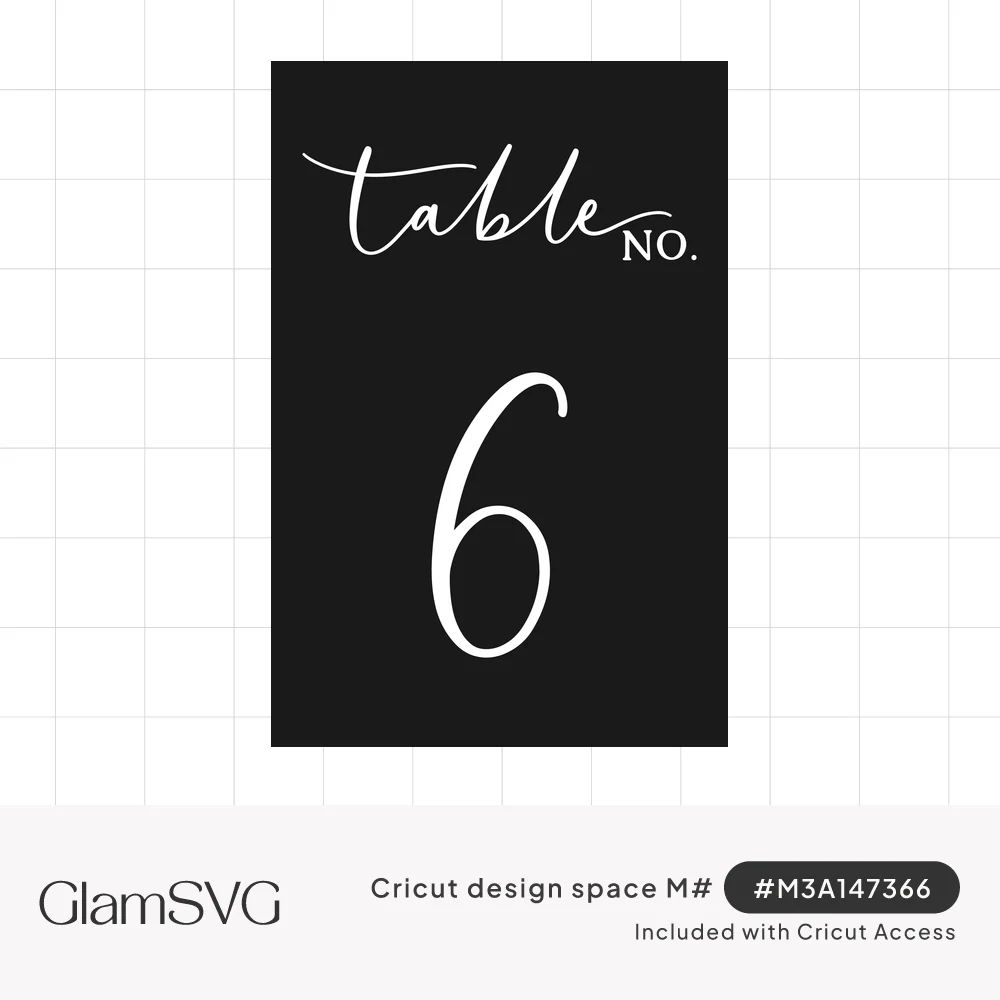 Handwritten script "table no." above a large script number 6 in white lettering on a black card