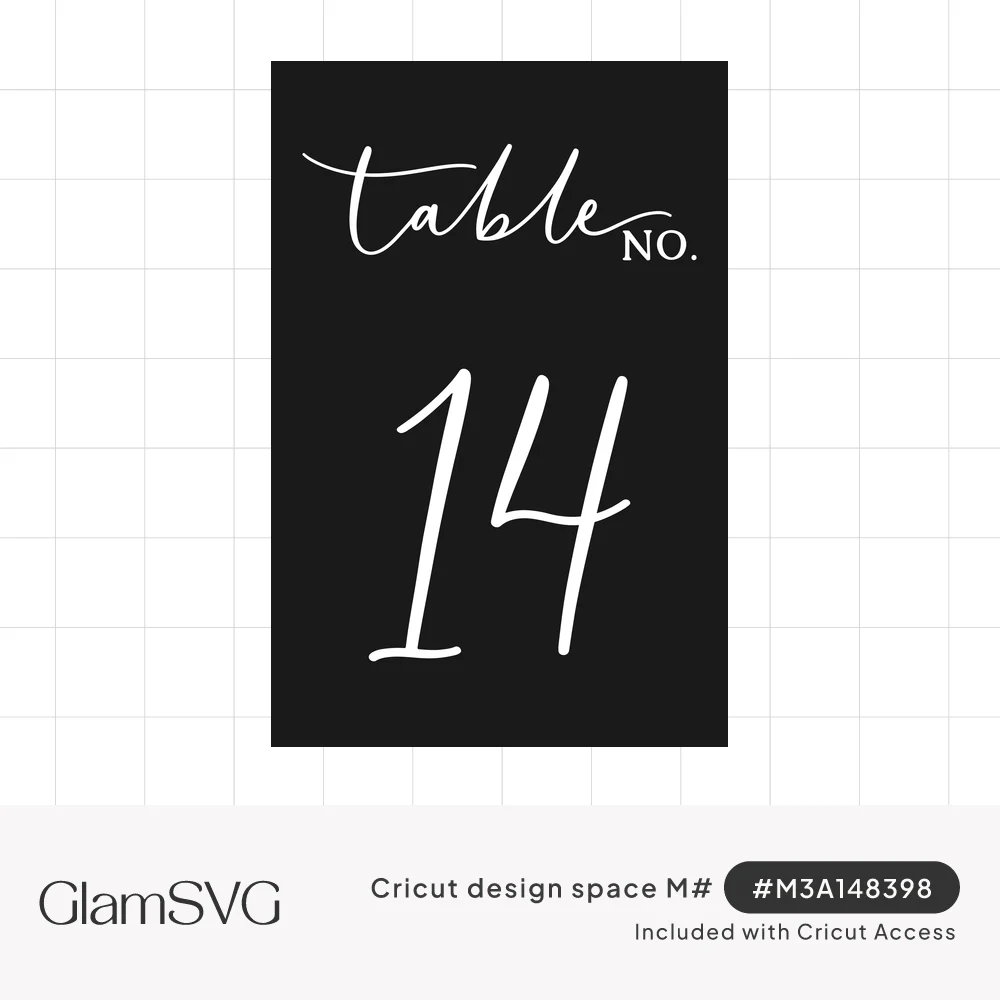 Elegant white script lettering reading table no. above a large handwritten number 14 on a black card