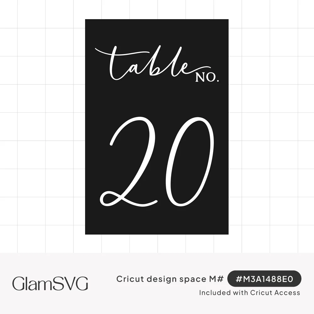 White calligraphy reading table no. 20 on a black rectangular card, a script wedding table number