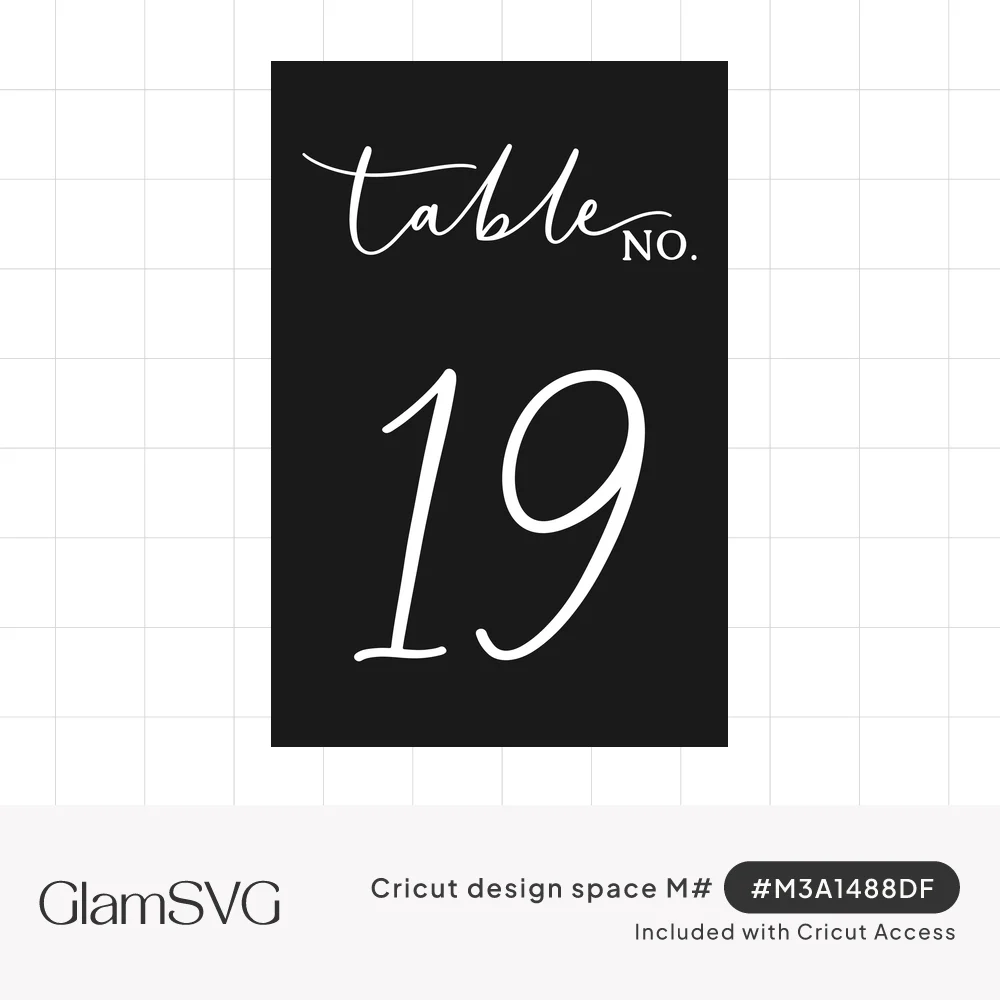 White script lettering reading table no. 19 on a tall black rectangle, styled as a wedding table number card