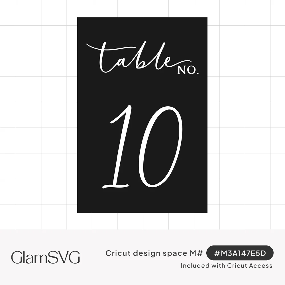 Black rectangular card with white script lettering reading table no. and a large elegant number 10