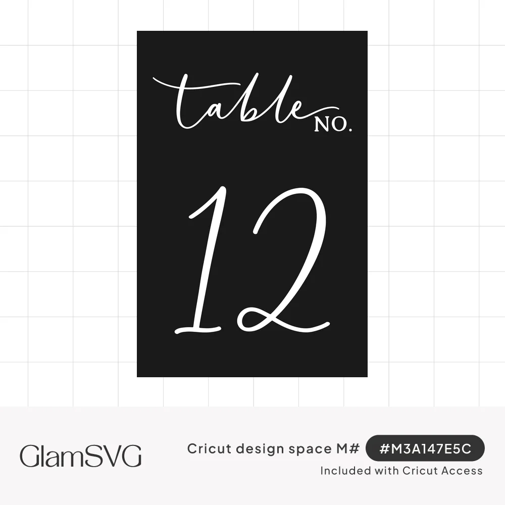 Hand-lettered script reading table No. 12 in white calligraphy on a black rectangular card