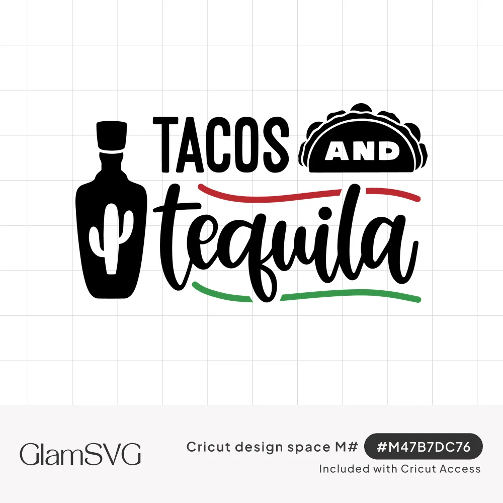Tacos and Tequila lettering with a tequila bottle, cactus cutout, taco and red and green wavy lines