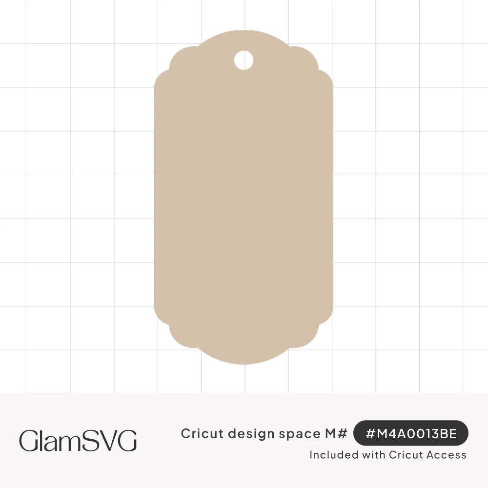 Blank tan gift tag shape with scalloped inward-curved corners and a round hole at the top