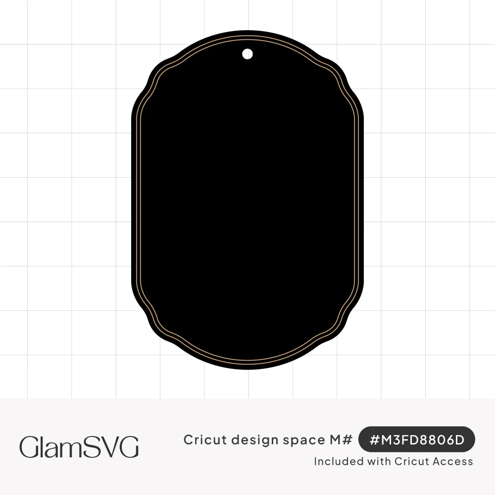 Black scalloped tag shape with a thin gold double outline along the edge and a small round hole at the top