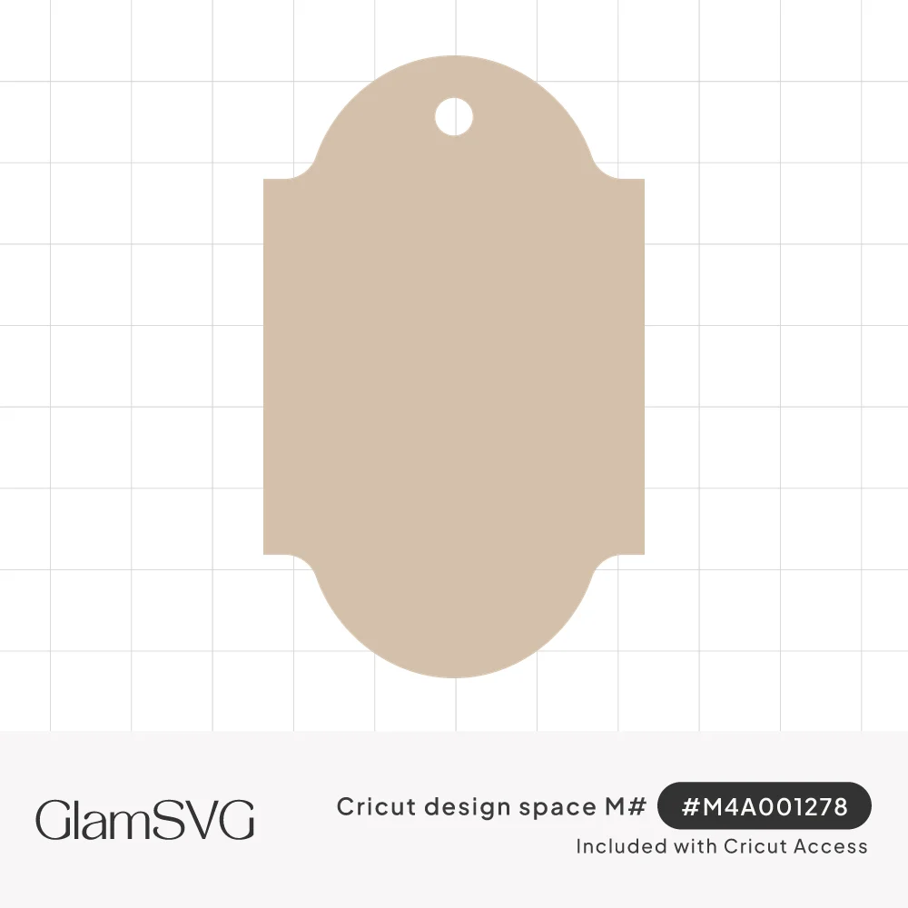 Blank beige gift tag shape with arched top and bottom, notched corners, and a round hole near the top