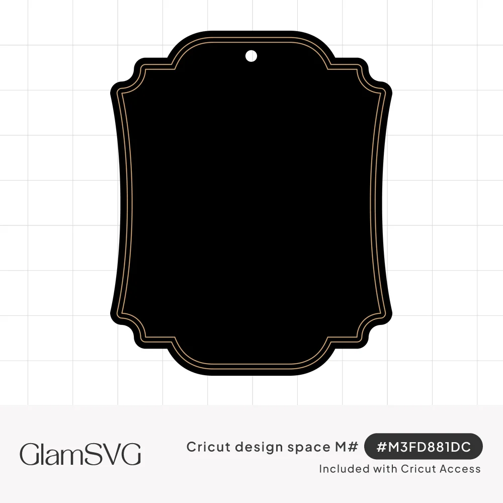 Black ornate bracket-shaped gift tag with a thin gold double border and a small hole at the top