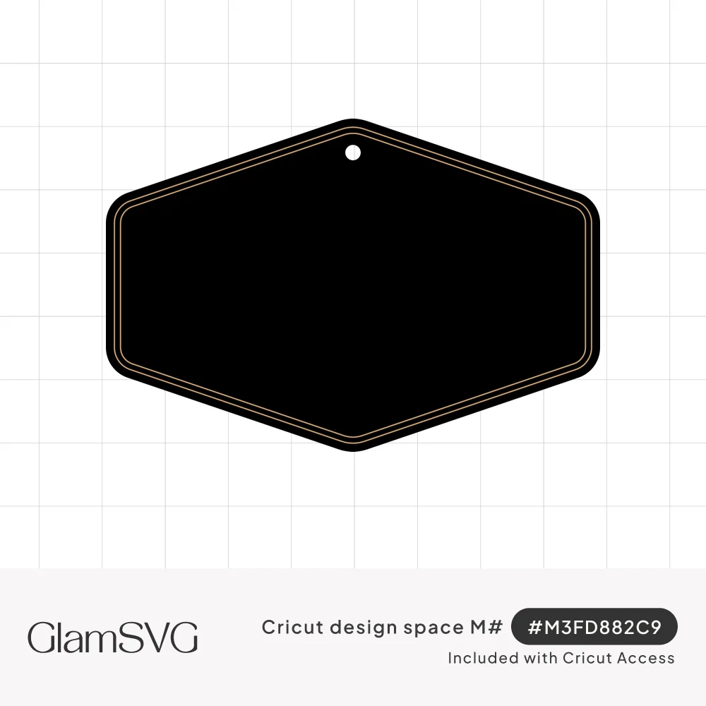 Black elongated hexagon tag shape with rounded corners, a thin double inner border and a small hole near the top