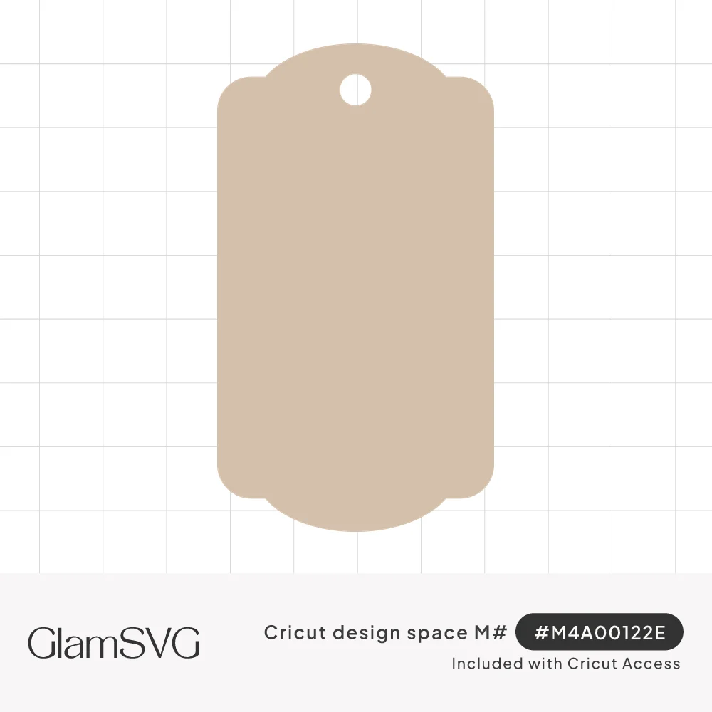 Tan blank gift tag shape with curved notched corners and a small round hole at the top