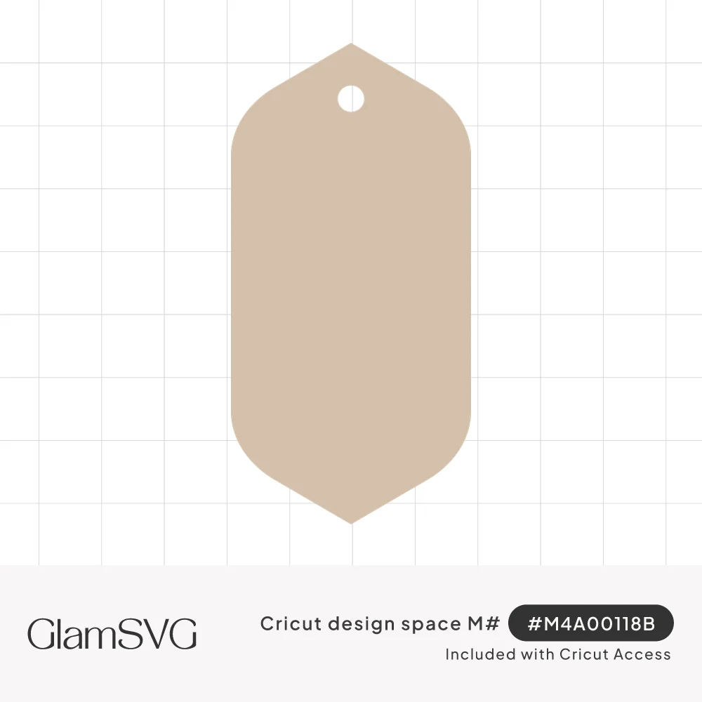 Tall tan blank gift tag with inward curving pointed ends and a small round hole near the top