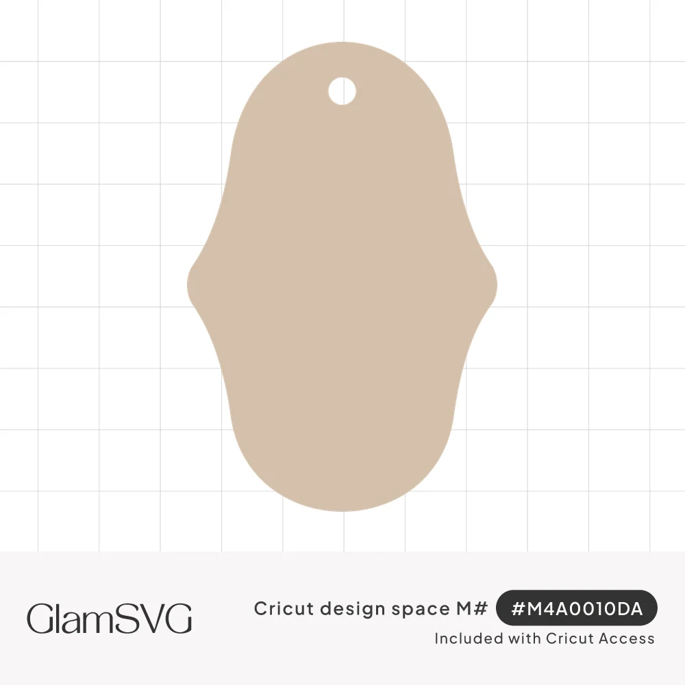 Beige blank tag shape with a domed top, curved pinched sides, rounded bottom and a small hole near the top