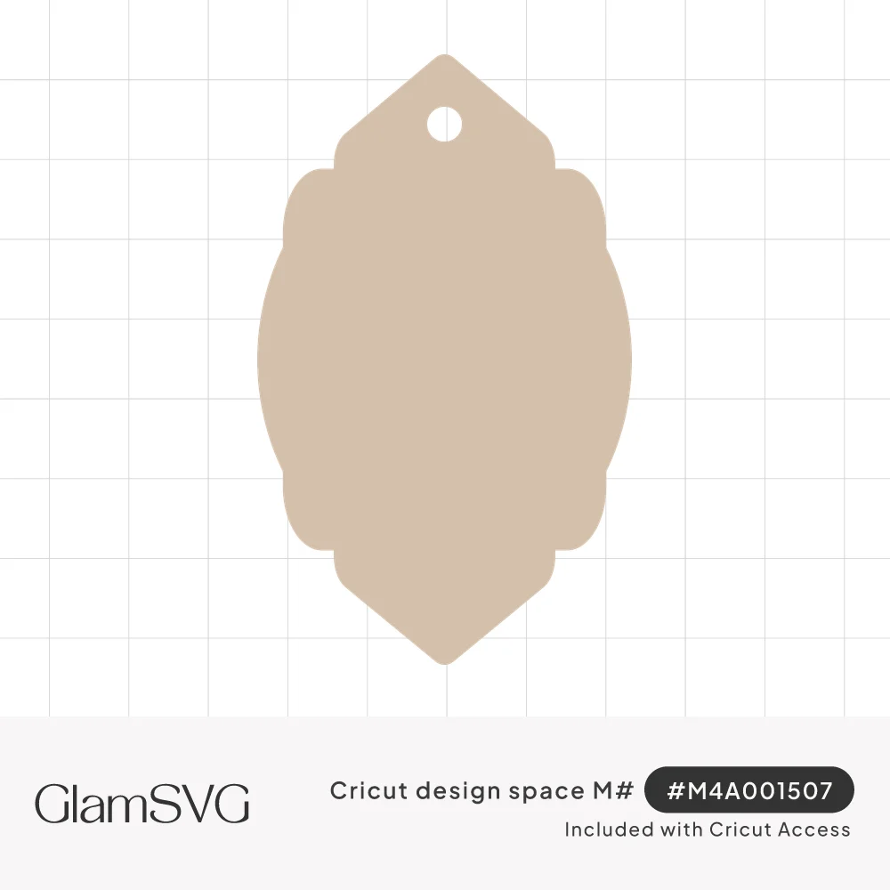 Blank tan gift tag shape with a pointed top, punched ribbon hole, scalloped sides, and pointed bottom