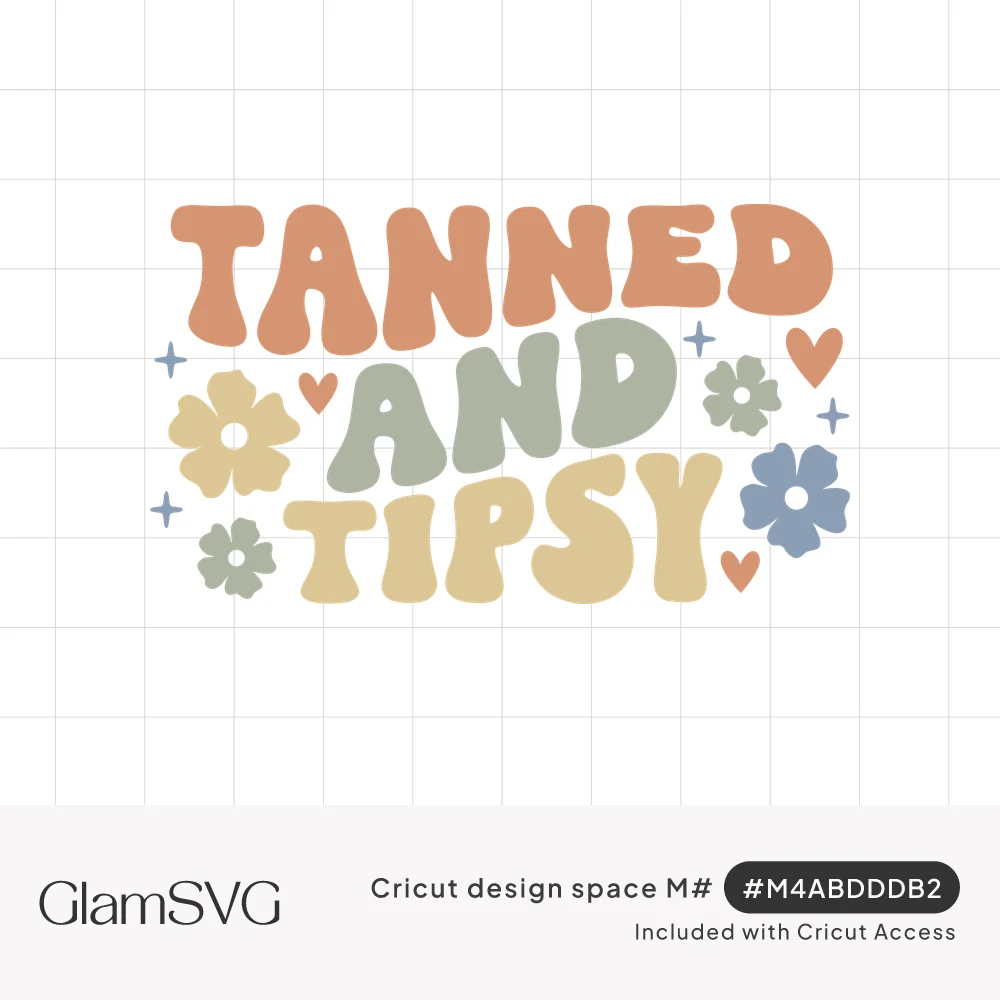 Groovy bubble letters reading Tanned and Tipsy in terracotta, sage and yellow with daisies, hearts and sparkles
