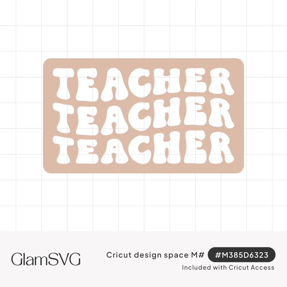 The word teacher repeated three times in white wavy retro letters on a tan rounded rectangle