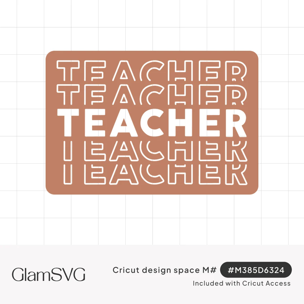 The word TEACHER repeated in five stacked rows, a bold center word with outlined, cropped letters above and below