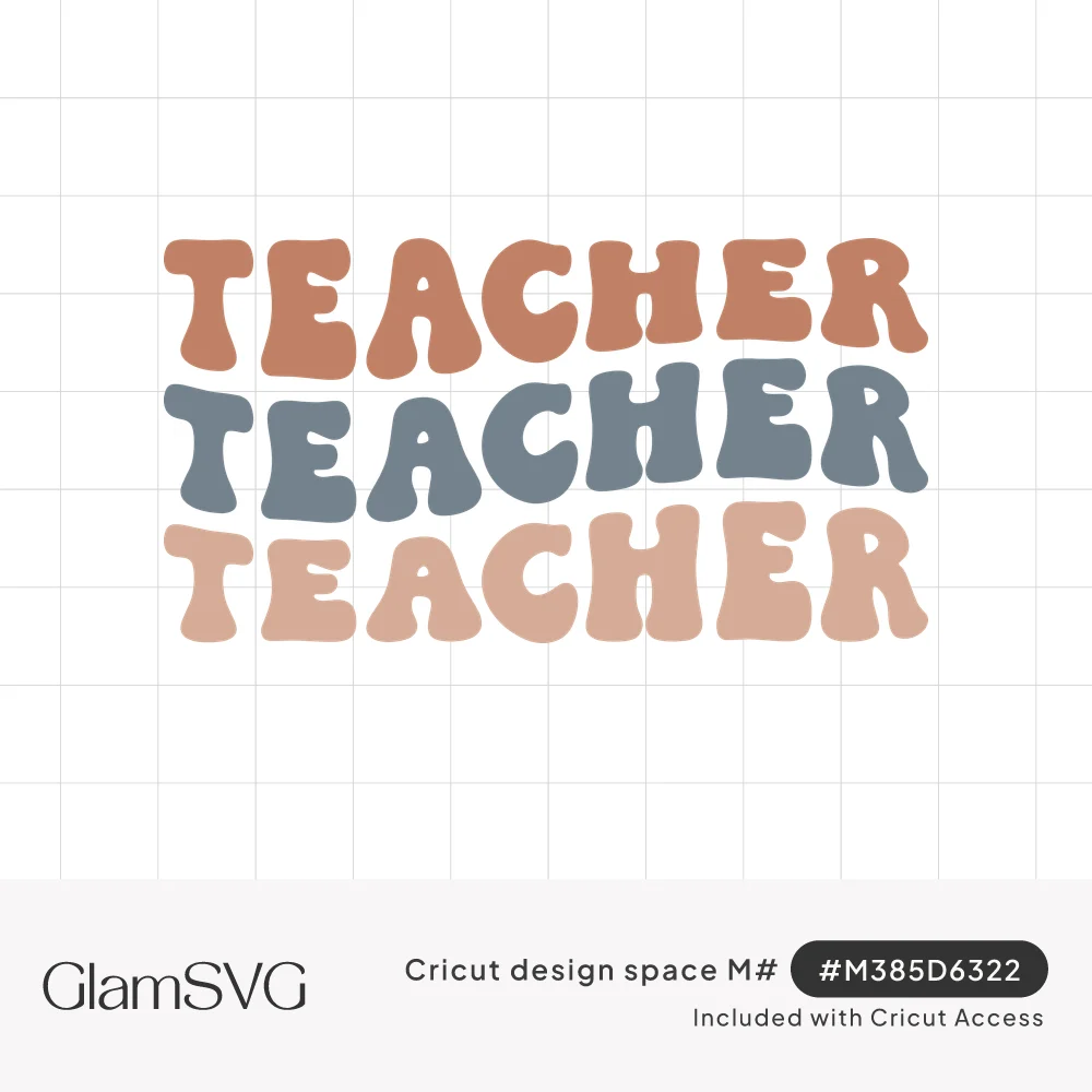 The word teacher repeated three times in wavy retro bubble letters in terracotta, slate blue and blush pink