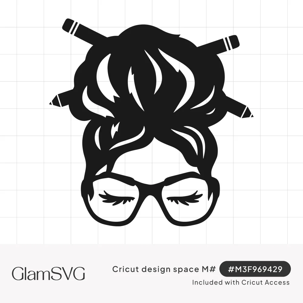 Black silhouette of a woman's messy bun with two crossed pencils, glasses and closed eyes with long lashes