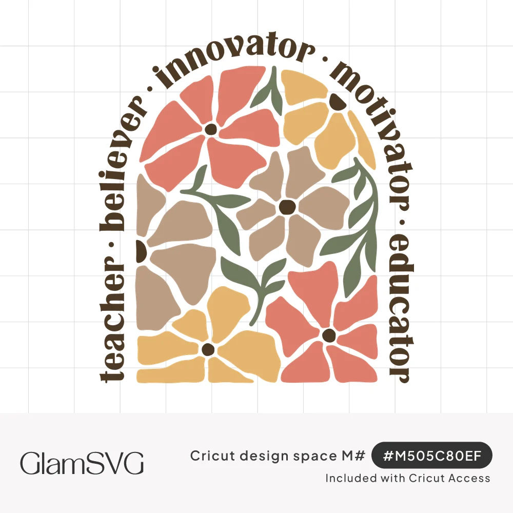 Arched window of coral, mustard and taupe flowers with green leaves, ringed by the words teacher believer innovator motivator