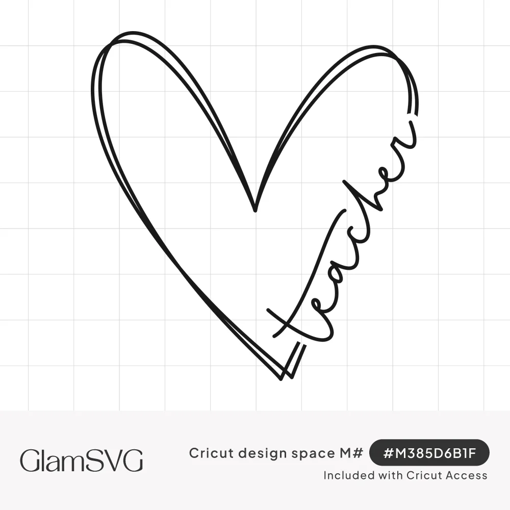 Black line drawing of a loose double-outlined heart with the word teacher written in cursive script along its right side