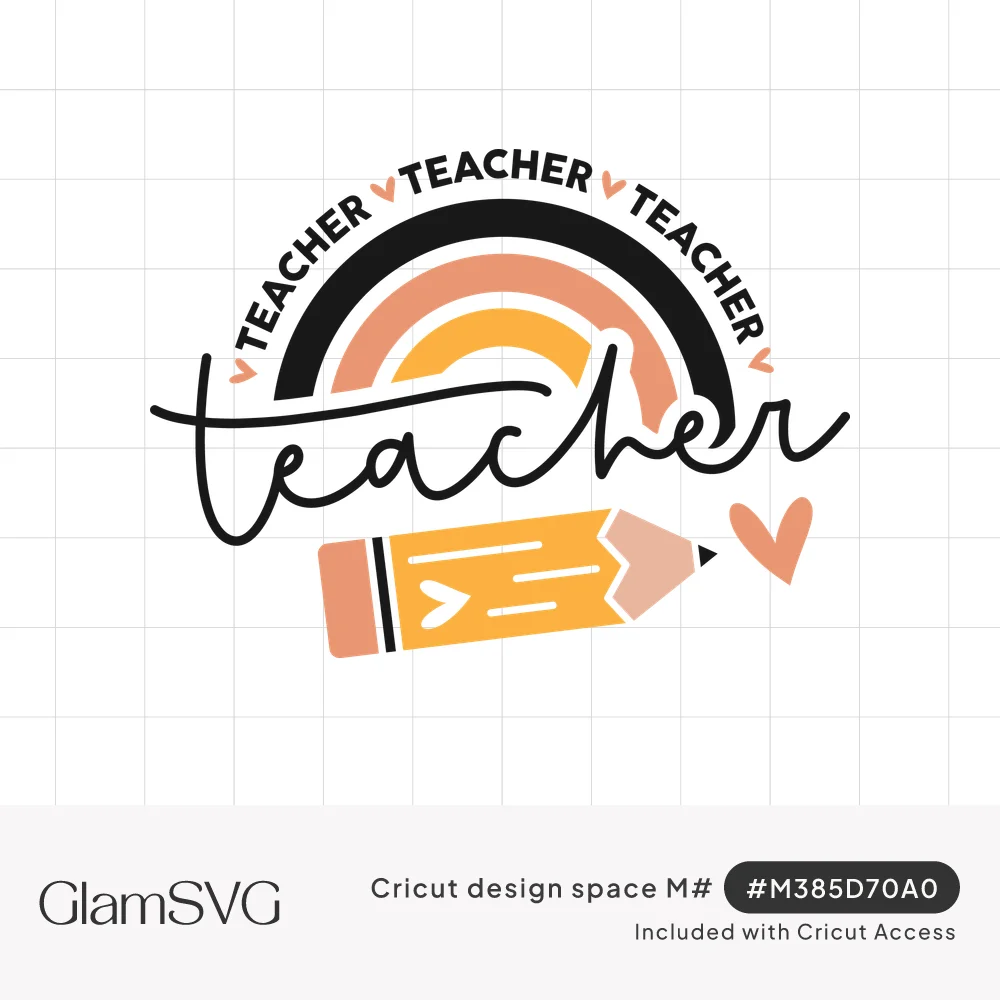 Boho rainbow in black, peach and mustard with arched teacher text, script teacher lettering, a yellow pencil and hearts