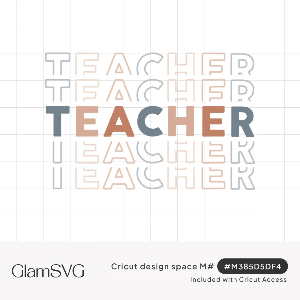The word TEACHER stacked five times, a solid center line in slate blue and terracotta with faded outline repeats