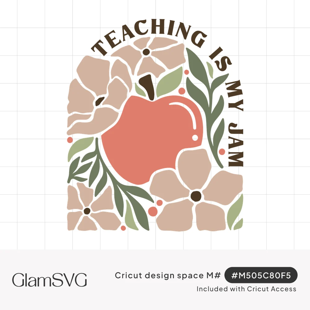 Red apple surrounded by blush pink flowers and green leaves in an arch with Teaching Is My Jam lettered across the top