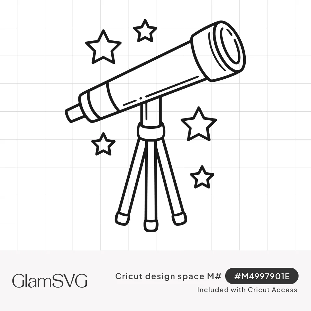 Black line drawing of a telescope on a tripod with five outlined stars scattered around it