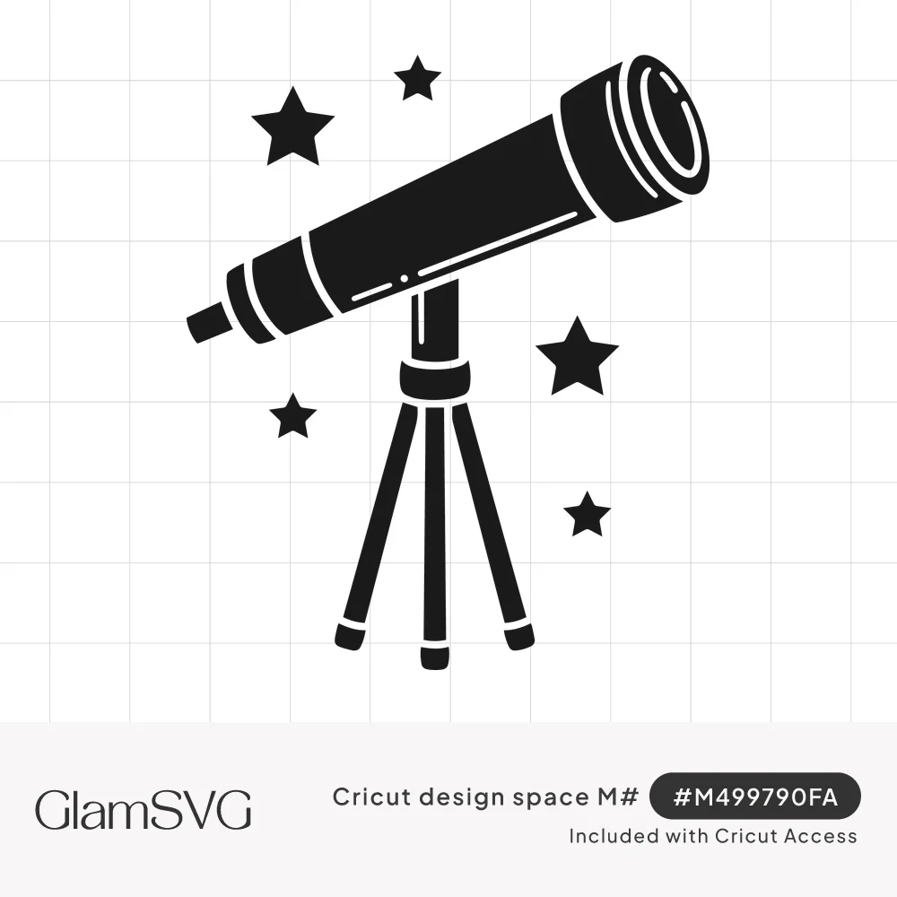 Black silhouette of a telescope on a tripod pointing upward, surrounded by five-point stars