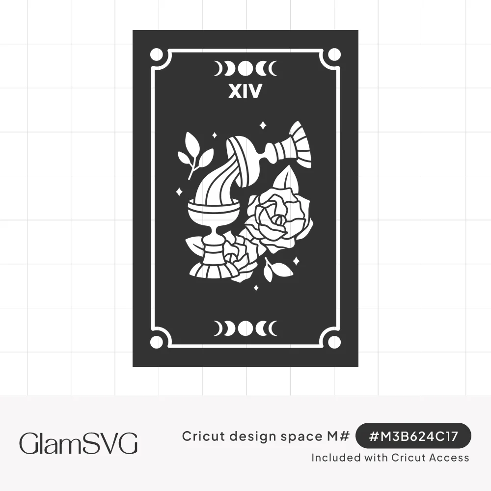 Temperance tarot card with XIV, moon phases, two chalices pouring water, roses and leaves inside a decorative border