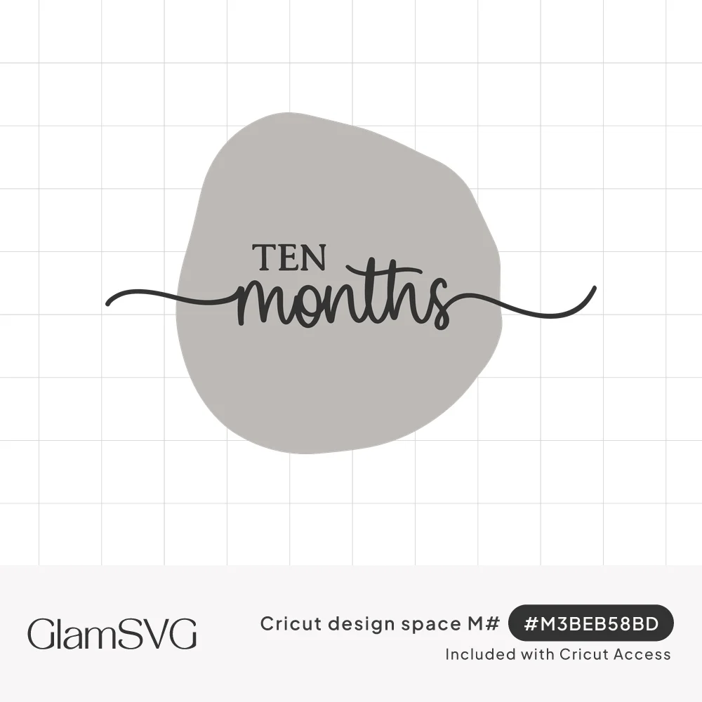 The words TEN months in serif capitals and swashy script lettering over a soft gray rounded pebble shape