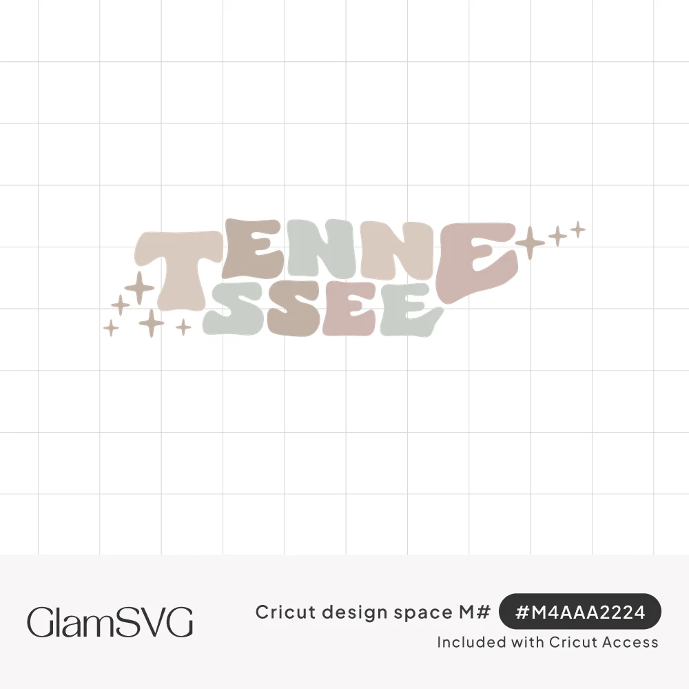 Wavy bubble letters spelling Tennessee in blush, taupe, sage and cream with small sparkle stars on each side