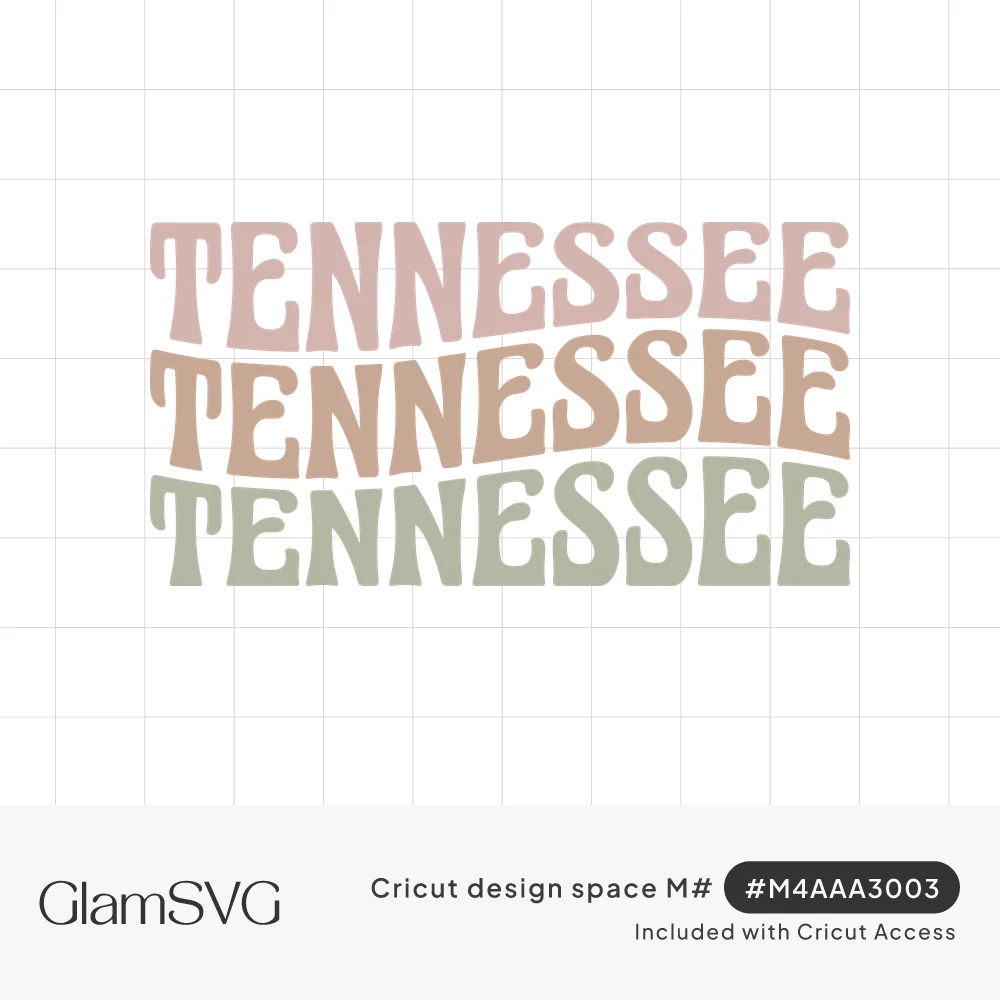 The word Tennessee repeated three times in wavy retro letters in dusty pink, tan and sage green