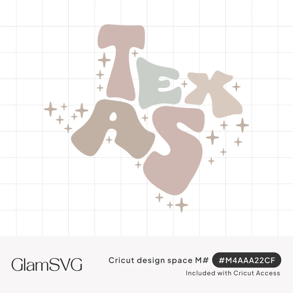Groovy bubble letters spelling Texas arranged in the shape of the state in blush, sage and tan with small sparkles